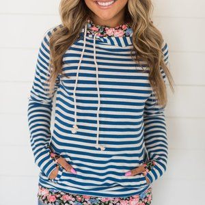 Ampersand Avenue Double Hood Sweatshirt Blue Striped Floral